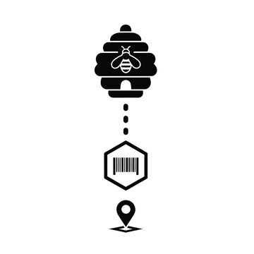 Beehive barcode location tracking an icon representing a beehive connected to a barcode and a location pin, symbolizing traceability and origin