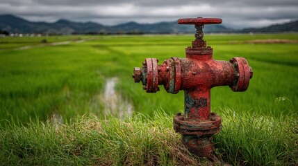 Fototapeta premium Old rusty red irrigation valve in a lush green agricultural field with mountain background