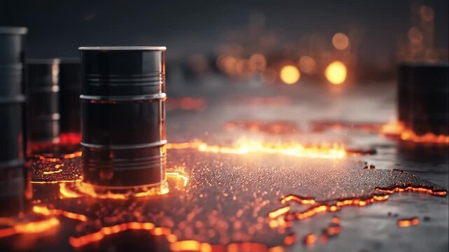 Glowing oil barrels sit on fiery world map energy scene, visualizing global markets, geopolitical risk analysis, and cinematic finance