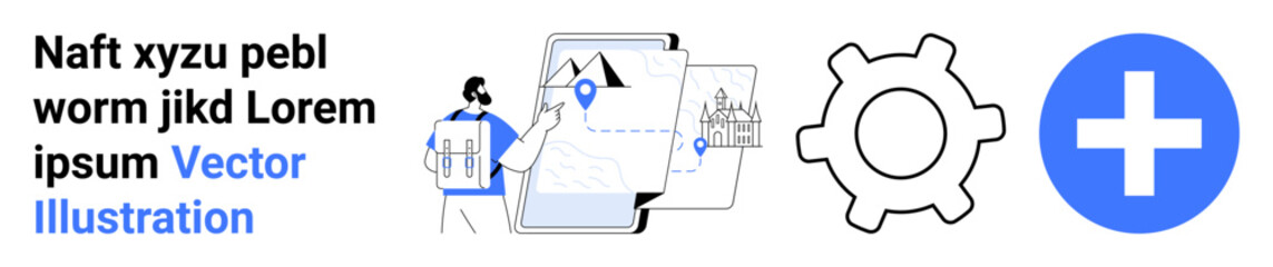 Obraz premium Navigation tools, system configuration, digital maps, healthcare symbols, process design, user interaction. Map icon, gear symbol and medical plus sign. Navigation tools and system configuration