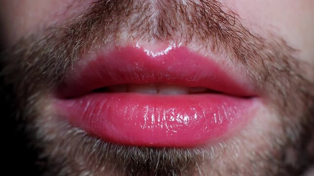 Mosaic of faces morphing men and women concept. Close up of shiny red lips and beard facial hair on a man's face with smooth skin detail
