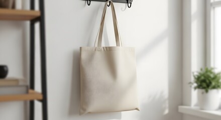 Hanging Canvas Tote Bag Mockup on Wall Hook with Soft Natural Lighting