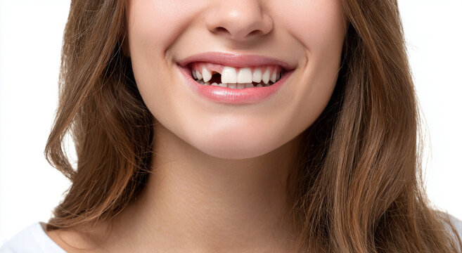 close up of a smiling young woman with a missing tooth on isolated white background.