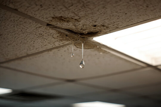 Dripping water from a stained office ceiling tile near a fluorescent light fixture highlights serious maintenance issues inside commercial workspaces.