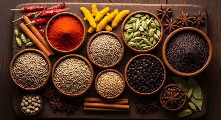 Top View of Indian Spices in Wooden Bowls, Rich Textures and Warm Tones