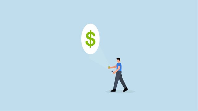 increase earning from investment, 4k animation of investor using flashlight aiming at a small dollar with a large dollar bill sticking out in his hand.