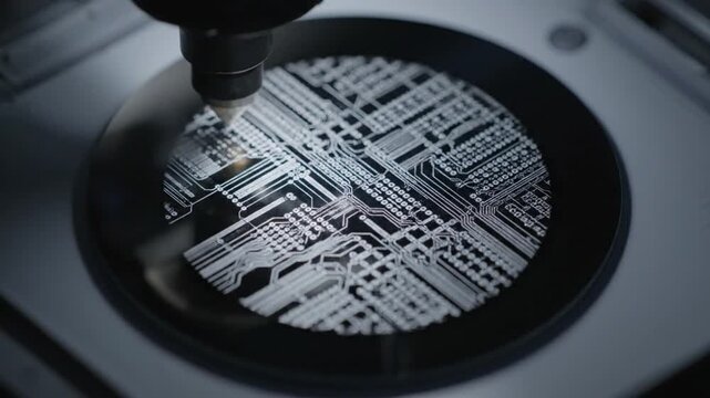 Microscopic engraving of a circuit board pattern on a dark surface