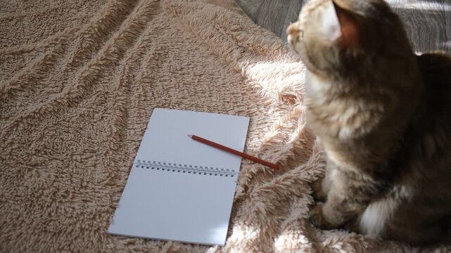 Cute fluffy cat sitting next notepad on beige carpet. Blank page of notepad, copy space. Empty space, place for text on white paper. Wish list, shopping list, Diary, things to remember, to do list