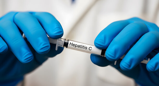 Doctor wearing blue gloves holds a syringe labeled Hepatitis C with liquid inside medical healthcare