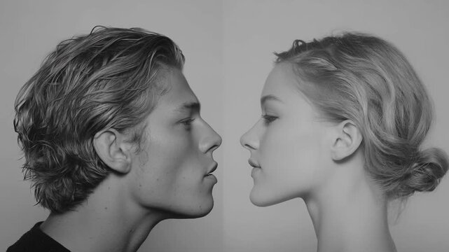 Mosaic of faces morphing men and women concept. Black and white close up of young man and woman facing each other with neutral expressions