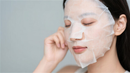美容液たっぷりのシートマスクで保湿する女性