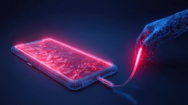 Digital energy transfer: A high-tech digital art illustration of a mobile phone being charged with glowing energy.  ..Created with Generative AI, not depicting real subjects.