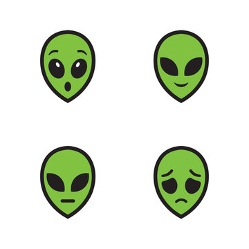 Alien emoji face icons set with various emotions like happy, sad, and surprised.