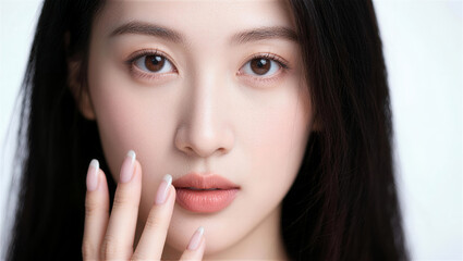 口元に指先を添えてこちらを見つめる透明感のある女性