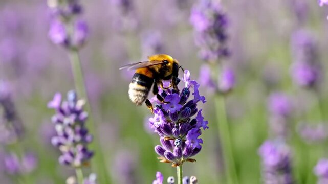 Honey bee bumblebee flying through vibrant lavender blossom flowers with background blur bokeh. Violet purple and green plants and endangered insect animal collecting nectar in spring and summer. 4k