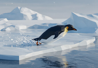 Penguin jumping on ice