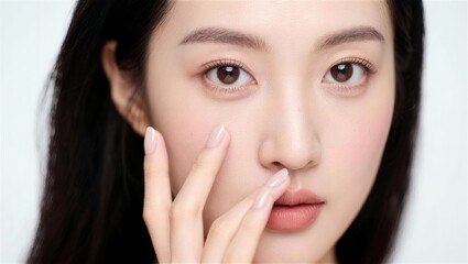 指先を頬に添えるナチュラルメイクの美しい女性