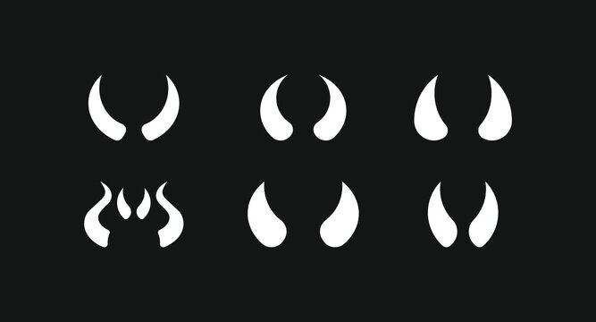 White devil horn icons on black background, bull and animal antler silhouettes, minimalist demon horn vector symbols set