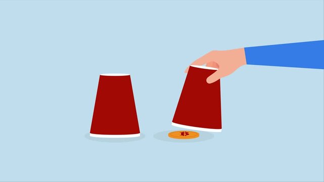 Bitcoin bet, 4k animation of Playing guessing by hand, reveal the winnings with a physical Bitcoin coin under real glass