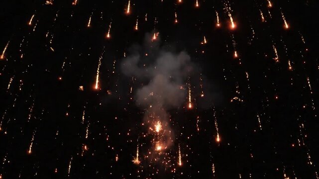 A vibrant fireworks display against a dark night sky, exploding in radiant light trails