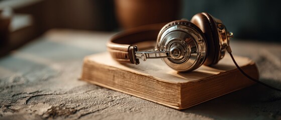 Headphones on vintage book detail shot