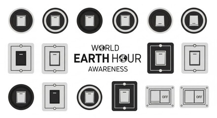 Earth hour awareness light switch icons set black and white