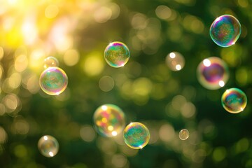 Fototapeta premium A vibrant collection of colorful soap bubbles floats in soft focus against a sunlit green backdrop, capturing delicate reflections and rainbow bokeh effects for nature-themed creative projects.