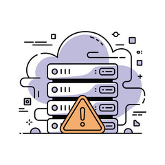 A warning sign is displayed in front of a stack of servers and a cloud with various symbols around it