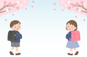 桜の木の前を歩く新一年生の男の子と女の子のイラスト