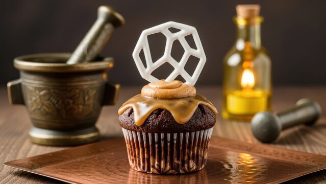 Gourmet dark chocolate cupcake with caramel drizzle and a white geometric sugar decoration, set against a rustic, alchemical background with a mortar and pestle and a lit oil lamp