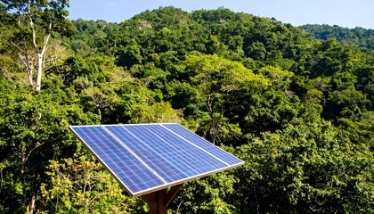 A solar panel, positioned in the foreground, is surrounded by lush green trees and vegetation. The background shows rolling hills