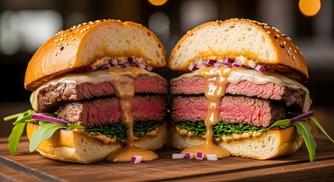 Delicious gourmet steak burger cut in half, showing juicy meat, melted cheese, and fresh ingredients, perfect for a food blog or restaurant menu