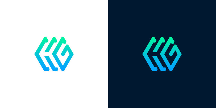 Geometric abstract logo design with interlocking shapes in blue and green gradient on white and dark backgrounds