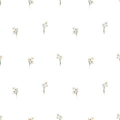 Seamless watercolor spring primrose pattern with small delicate flowers on white background, minimal nursery botanical repeat