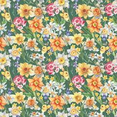 Seamless watercolor spring floral pattern with primrose, daffodil and violet flowers on dark green background for textile, fabric print and wallpaper
