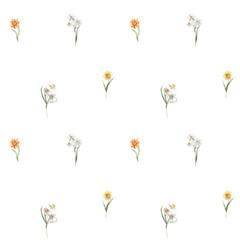 Seamless watercolor spring floral pattern with small flowers on white background, minimal botanical repeat for nursery textile and fabric