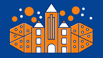 Fototapeta premium Vibrant flat design university building with fireworks