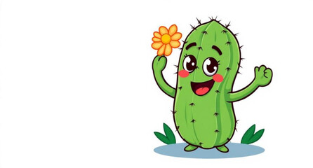 Fototapeta premium Cute cartoon green frog smiling next to a cactus vector illustration in a sunny desert landscape isolated on a white background