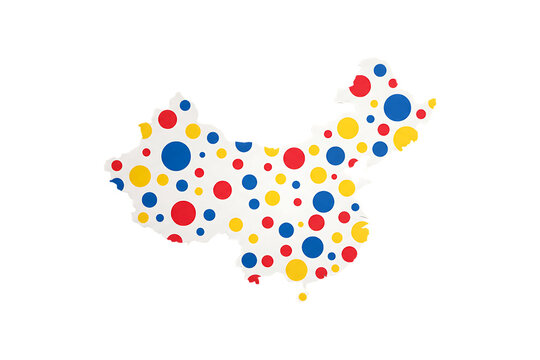 A colorful map of China with red, blue, and yellow dots on a transparent background