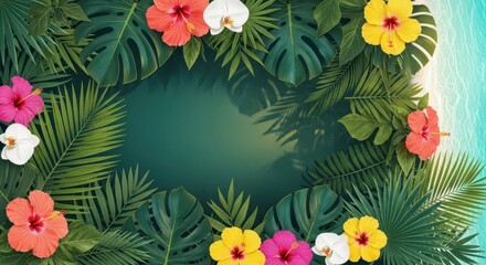 Obraz premium Vibrant tropical foliage and colorful blossoms create a decorative border around a deep green background space.