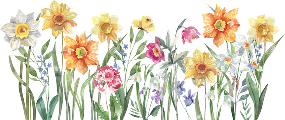 Hand drawn seamless watercolor spring flower border, botanical floral trim pattern for fabric, wallpaper and decorative design