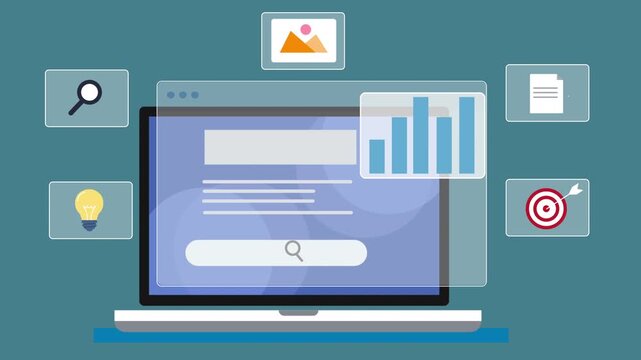Flat vector illustration of a laptop with creative and analytics icons, representing digital workspace, data analysis, and content management on a blue background.
