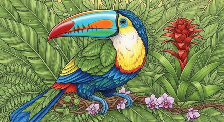 Obraz premium Colorful exotic bird perches among lush green foliage and tropical blossoms