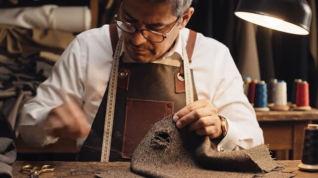 Mid-range view highlighting intricate sewing repairs as a tailor skillfully patches fabric tears, achieving a refined final result.