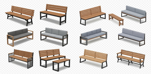 Set of various outdoor benches and furniture for parks and gardens, isolated on transparent background.