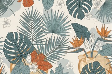 Fototapeta premium Intricate botanical pattern featuring various lush foliage and bright blossoms in muted tones