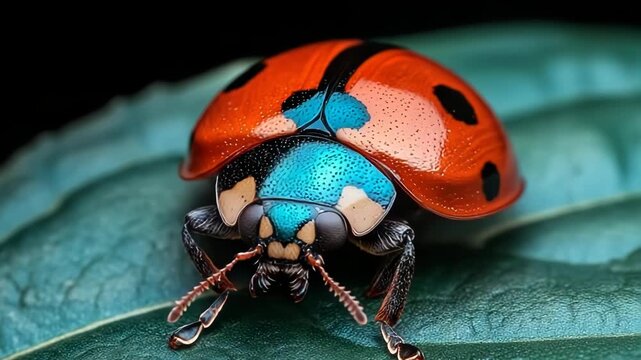 A macro shot of a ladybug on a leaf, showcasing vibrant colors and intricate details