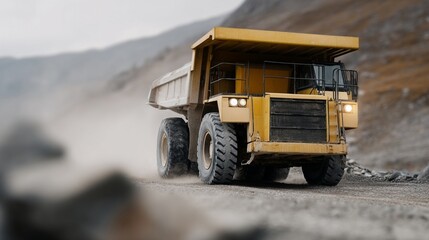 Large yellow mining dump truck on a dusty haul road, heavy industry transport in an open pit quarry, rugged machinery power and productivity, Earth Day resource extraction context