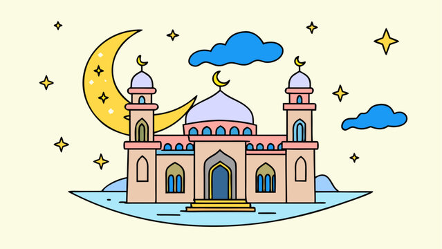 Whimsical cartoon mosque with moon and clouds