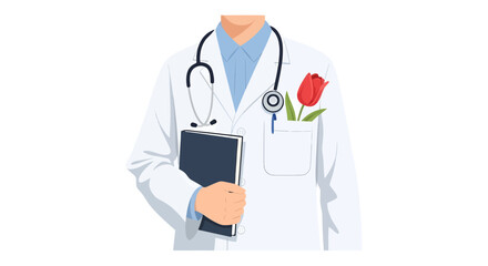 Fototapeta premium A doctor in a white coat holds a clipboard and wears a stethoscope with a red tulip.